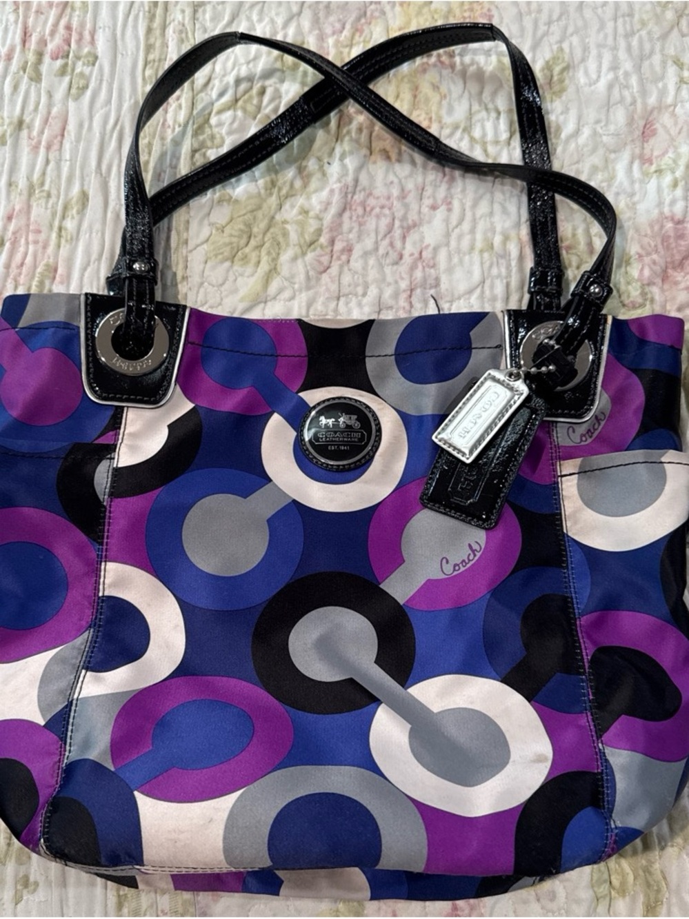 Coach Multicolor Purple, Blue & Black Pattern Tote